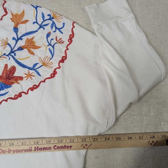 ZARA White Embroidered Floral Sweatshirt Puff Sleeve 100% Cotton Sz S - Picture 7 of 9